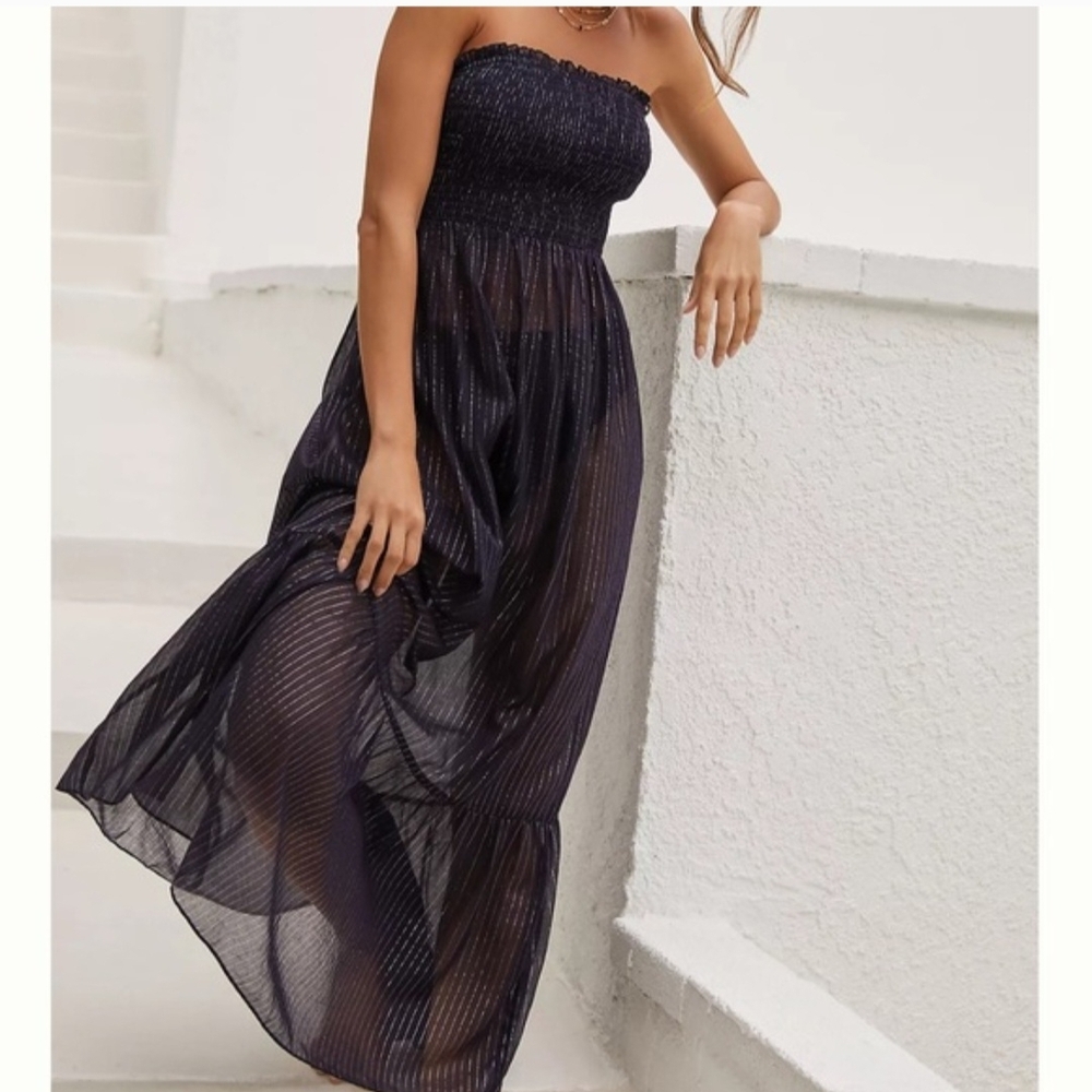 Anthropologie Black Strapless Sheer Dress